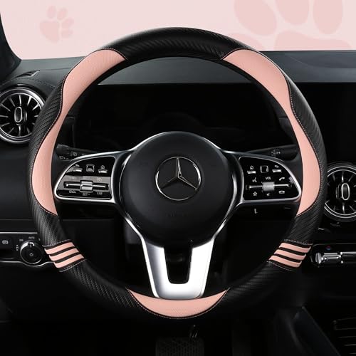 HighnessHwoo Car Steering Wheel Covers for Women Padded Carbon Fiber PU Leather Cute Auto Interior Accessories for Vehicle, Sedan, Universal, Anti Slip, Pink, Standard Size, 14.75-15.15in - color: Pink+Black, size: Standard Size[14.75-15.15"](37.5-38.5cm)