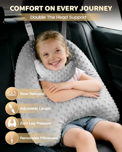 Memory Foam Kids Travel Pillow, Car Pillow for Kids, H-Shape Car Pillows for Sleeping, Removable Pillowcase, Adjustable, Velvet Dots, Grey - color: Velvet Dots Grey