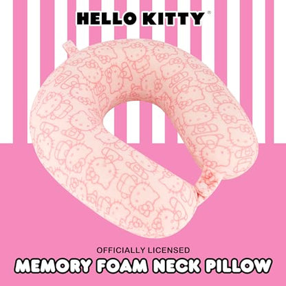 FUL Hello Kitty Neck Pillow, All Over Print Memory Foam Travel Accessories for Airplane, Car and Office, Comfortable and Breathable, Pink