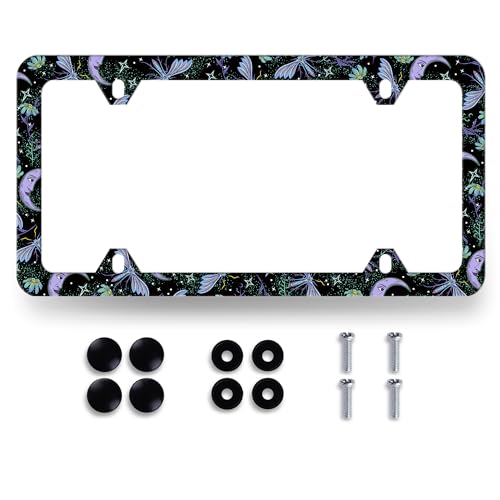 Galaxy Moon License Plate Frame Night Star Colorful License Plate Holder Stainless Steel Moon Car Accessory Funny License Plate Decoration Size 12.2" x 6.2" with Screws - color: Colorful Moon Night Stars