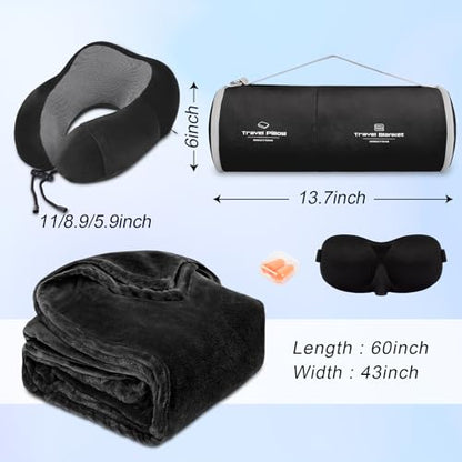 urnexttour Travel Pillow and Blanket Set Neck Pillows Travel Essentials with Sleep Mask for Airplane Car Memory Foam Black - color: A-black