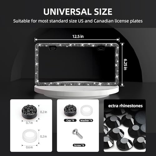 EWBN Bling License Plate Frame for Women, 2 Pack Sparkly Rhinestone License Plate Holder, Premium Stainless Steel Diamond Car Accessories License Plate Cover with Glitter Crystal Caps（Black）
