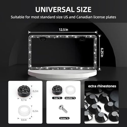 EWBN Bling License Plate Frame for Women, 2 Pack Sparkly Rhinestone License Plate Holder, Premium Stainless Steel Diamond Car Accessories License Plate Cover with Glitter Crystal Caps（Black）