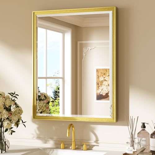Keonjinn Brushed Gold Bathroom Mirror 24" x 30", Beveled Edge Tempered Glass, Aluminum Alloy Wide Framed, Rustproof, Rectangle, Modern Farmhouse Gold Mirrors for Over Sink(Vertical/Horizontal) - color: Gold, size: 30"L x 24"W