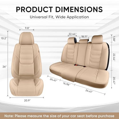 TIEHESYT Beige Car Seat Covers Full Set, Breathable Leather Automotive Front and Rear Seat Covers & Headrest, Automotive Seat Cover, Compatible with Most Cars Sedans SUV Pickup Trucks - color: Faddish Beige, size: Front Pair and Rear
