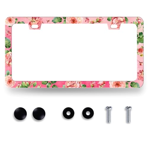 Watercolor Roses License Plate Frame Pink Floral Flower License Plate Holder for Women Car Decorative Stainless Steel Colorful License Plate Flowers Auto Parts with Screws 12.2" x 6.2" - color: Watercolor Roses Pink Floral