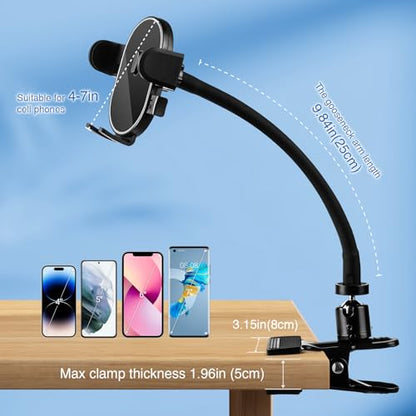 ROCKFREE Clip Phone Holder with 360° Gooseneck Arm & Auto-Locking Clamp,Short/Medium/Long Arm Options for Desk, Mic Stand, Table,Treadmill – Fits 4-7" Smartphones(Long-9.84 inch Arm) - size: Long-9.84 Inch Arm