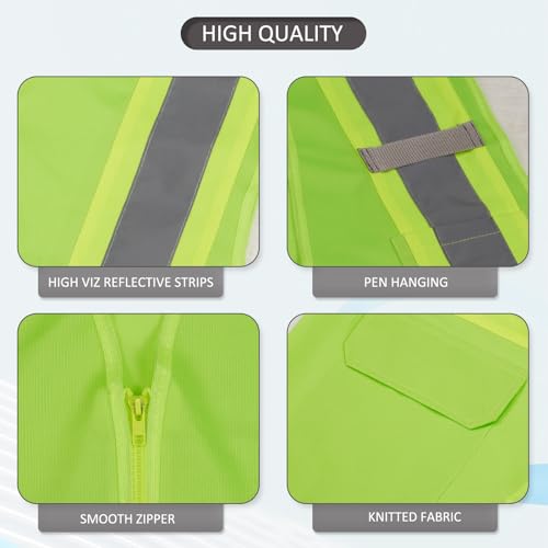 High Visibility Reflective Safety Vest with Zipper and Pockets grass green,L - color: Grass Green, size: Large