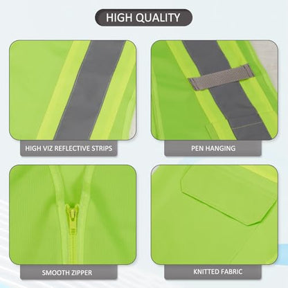High Visibility Reflective Safety Vest with Zipper and Pockets grass green,L - color: Grass Green, size: Large