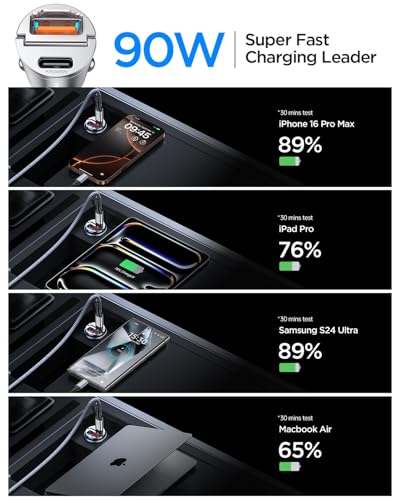 MRGLAS 90W USB C Car Charger Fast Charging,[Smallest Metal] PD45W+QC3.0 Dual Port Cigarette Lighter Car Charger Adapter for iPhone 16 Pro Max 15 iPad S25 S24-Silvery - color: Silvery