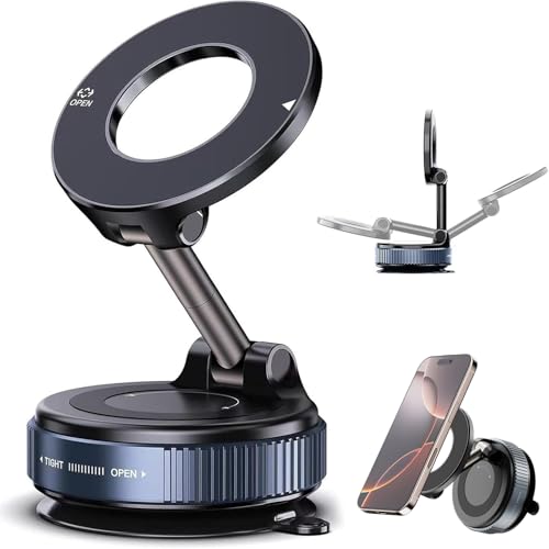 Vacuum Magnetic Phone Holder for Car - 360° Rotating Reinforced Suction Cup Mount, Foldable & Retractable Design Compatible with All Smartphones for Car/Gym/Mirror (Black) - color: Black