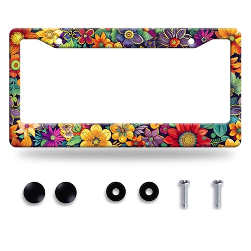 Bright Flowers Colorful Floral License Plate Frame Flower License Plate Stainless Steel Funny License Plate Holder for Women Cute Car Accessory Decoration 12.3" x 6.3" - color: Bright Flowers Colorful Floral