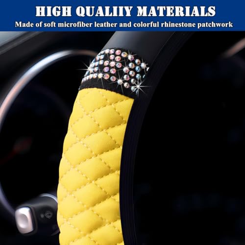 Soft Leather Car Steering Wheel Cover, Universal 15 Inch Colorful Rhinestones Anti-Slip Elastic Steering Wheel Covers for Most Cars, Sparkly Crystal Diamond for Women Girls (Yellow) - color: Yellow