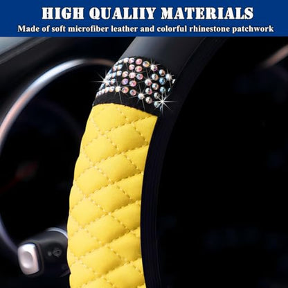 Soft Leather Car Steering Wheel Cover, Universal 15 Inch Colorful Rhinestones Anti-Slip Elastic Steering Wheel Covers for Most Cars, Sparkly Crystal Diamond for Women Girls (Yellow) - color: Yellow