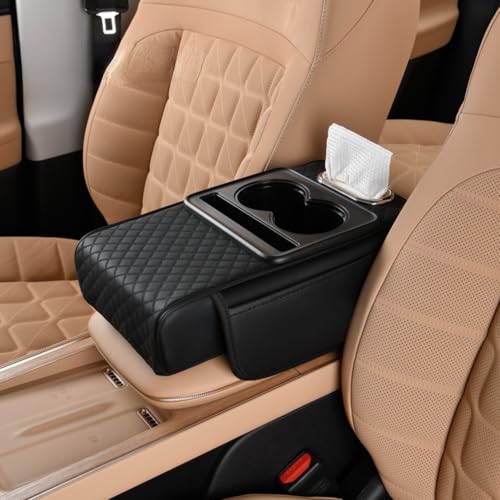 Car Center Console Pad Leather Armrest Pad w/Cup Holder, Tissue Box Slot, Side Bag, Phone Slot for Car Sedans (Embossed, Black) - color: Black, style: Embossed