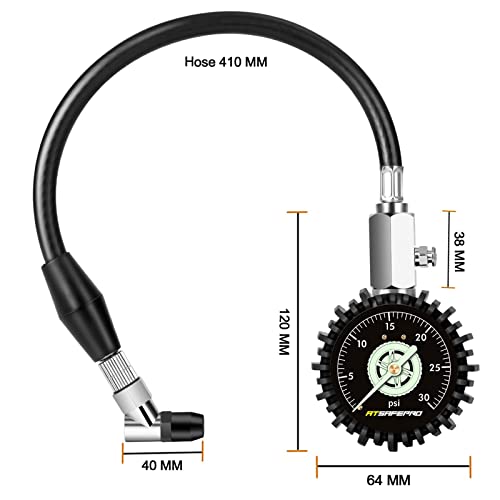 ATsafepro Low Pressure Tire Gauge to 30PSI, 2.5” Mechanical Tire Gauge with Flexible Hose and Angled Chuck, Analog Air Pressure Gauge Glow in The Dark for ATV, Off Road, Lawn Mower Etc - size: 30 PSI