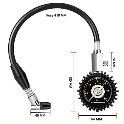 ATsafepro Low Pressure Tire Gauge to 30PSI, 2.5” Mechanical Tire Gauge with Flexible Hose and Angled Chuck, Analog Air Pressure Gauge Glow in The Dark for ATV, Off Road, Lawn Mower Etc - size: 30 PSI