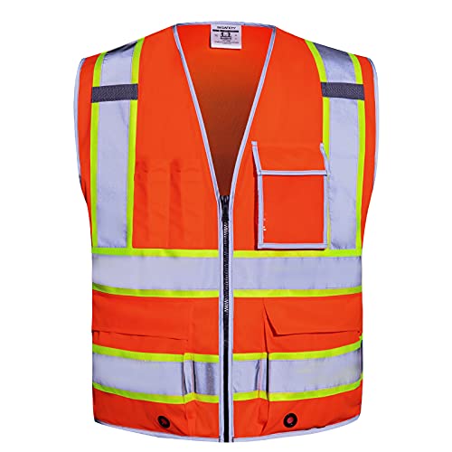 SKSAFETY 10 Pockets Safety Vest, Class 2 High Visibility Security with Zipper, Hi Vis Vest with Reflective Strips, ANSI/ISEA Standard, Construction Work Vest for Men ＆ Women （Orange, 2XL） - color: Orange 02, size: XX-Large