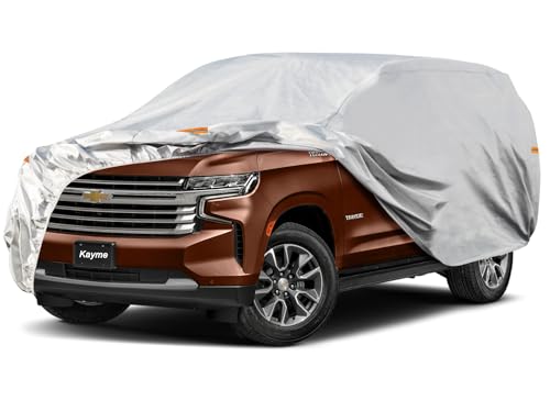 Kayme Large SUV Car Cover Waterproof All Weather for Automobiles, Outdoor Full Size SUV Cover Rain Sun UV Protection, Universal Fit for Chevrolet Tahoe, Lincoln MKT, GMC Envoy (207-214 inch) - color: Aluminum-Silver, size: C7 Fit Suv Jeep-Length (207" To