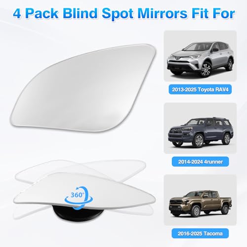 4PCS Blind Spot Mirrors for 2013-2025 Toyota RAV4, 2014-2024 4runner, 2016-2025 Tacoma, HD Glass Frameless Convex Rear View Mirrors, Wide Angle Adjustable Stick for Side Mirror