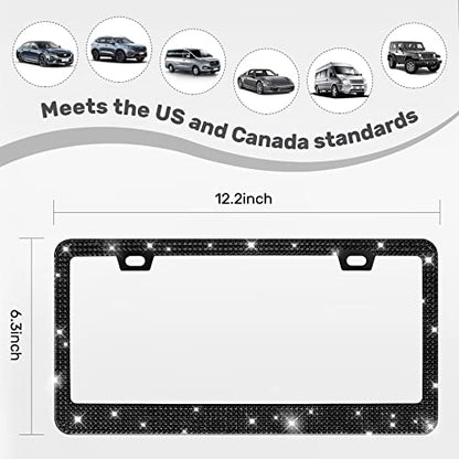 QUANQIUFEI 2 Pack Bling License Plate Frames, Sparkly Rhinestone Diamond Car License Plate Cover for Women, Stainless Steel Car Accessories with Glitter Crystal Caps (Black) - color: Black