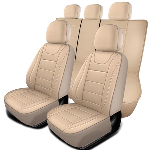 HChengkikz Car Seat Covers, Quilting Leather Seat Covers Full Set, Waterproof Faux Leather Automotive Seat Covers for Cars, Universal Car Seat Protectors Fit for Cars, Suvs, Trucks, Airbag Compatible - color: N4 Beige, size: Complete Set (Front + Rear)