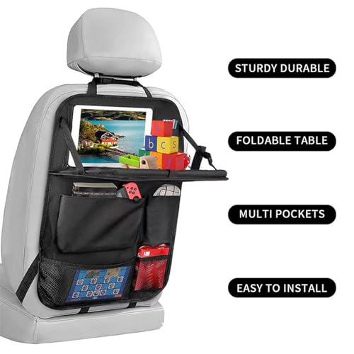 Car backseat organizer,with tablet holder, 6 storage pockets, foldable food tray, car seat back protectors kick mats, travel accessories, black (2)