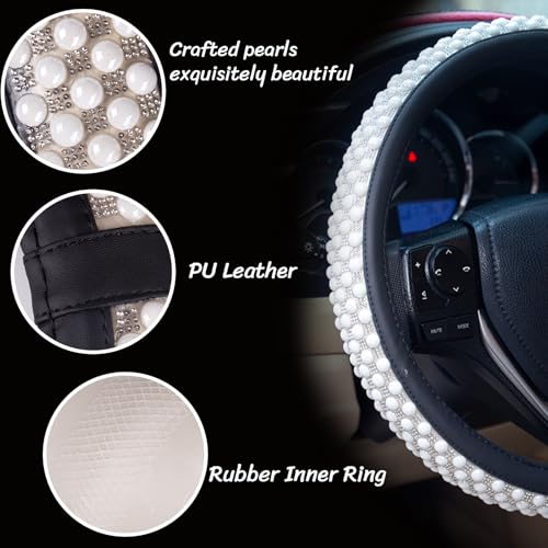 Leather Bling Steering Wheel Cover Women Rhinestone White Soft Comfortable Glitter Sparkly Universal 15 inch Steering Wheel Cover Non-Slip Car Accessories - color: Pearl White