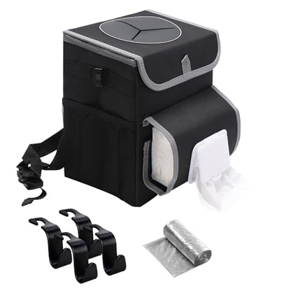 upra Car Trash Can with Lid Leakproof,Bag Hanging Storage Pockets,Adjustable Tissue Holder & Straps Garbage Bin, Portable Auto Trash Bag Holder for Road Trip, Kids, Dog Owners - color: HOOK
