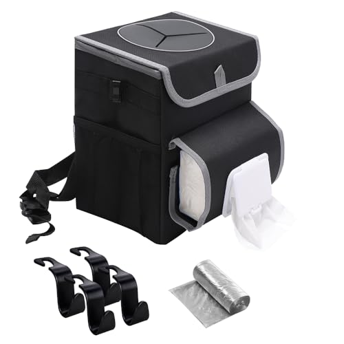 upra Car Trash Can with Lid Leakproof,Bag Hanging Storage Pockets,Adjustable Tissue Holder & Straps Garbage Bin, Portable Auto Trash Bag Holder for Road Trip, Kids, Dog Owners - color: HOOK