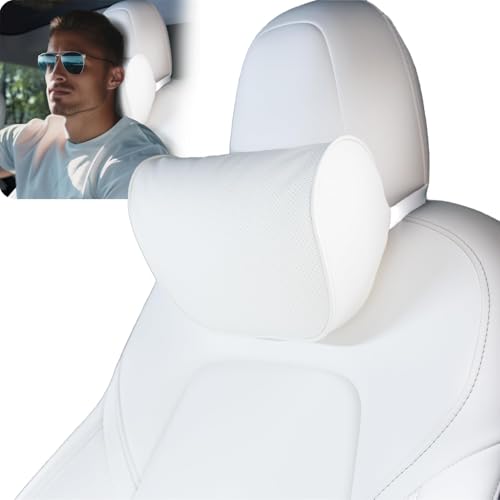 HOPON 2025 Upgrade Headrest Pillow for Tesla Model 3 Model Y with Adjustable Strap,Fits All Vehicles,Car Neck Pillow with Leather,for Head,Neck,Shoulders,Multipurpose,Car Accessories 1 Pack (White) - color: White, size: 1 Pack