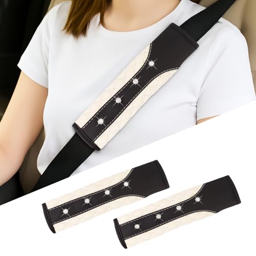 Hovom 2PCS Bling Car Seat Belt Cover Pad, Leather Seatbelt Covers for Cars, Soft Safety Seatbelt Shoulder Strap Covers, Rhinestone Auto Seat Belt Protector Cushion for Women Girls (White) - color: White