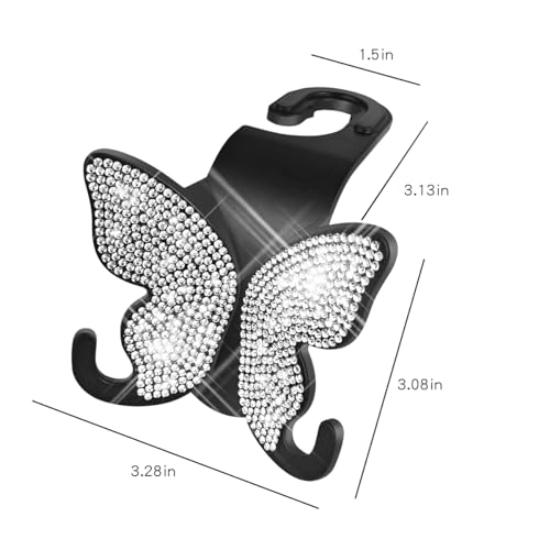 2 Pack Butterfly Bling Car Seat Headrest Hooks for Purses and Bags Aesthetic Design Car Hooks Rhinestones Hanger for Car Back Seat Organizer Storage Hook Bling Black Car Accessories for Women