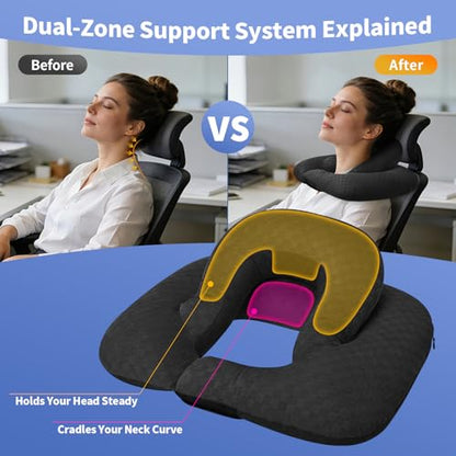 Double Layer Neck Pillow - Ergonomic Desk Headrest, Lumbar Support, Seat Cushion & Travel Pillow for Office Chair, Recliner & Car (Plaid Black, 15.7x11.8x6.3 inches) - color: Black