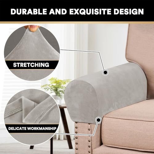 PrinceDeco 4 Pack Thick Velvet Stretch Armrest Covers for Chairs and Sofas - Non Slip, Oatmeal - color: Oatmeal