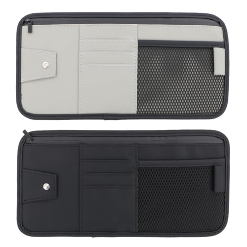 panthra 2pcs Car Visor Organizer, Sun Visor Organizer, Sunvisor Soft Leather Surface Eyeglasses Note Card Holder Car Storage Bag Suitable for Most Vehicles, Suv and Trucks Keep Clean (Black+Gray)