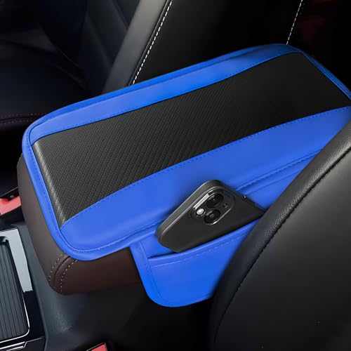 Car Center Console Cover, 12.48"×7.4" Carbon Fiber Leather Auto Armrest Cover, Vehicle Armrest Cushion Pad with Storage Pocket, Universal Arm Rest Protector Car Accessories (Blue) - color: Blue