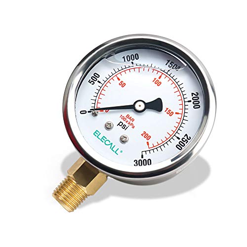 2-1/2” Glycerin Liquid Filled Air Pressure Gauge, 0-3000Psi, 1/4”NPT Lower Mount, Stainless Steel Case, Brass Internals, Water Pressure Gauge - size: 0-3000 Psi