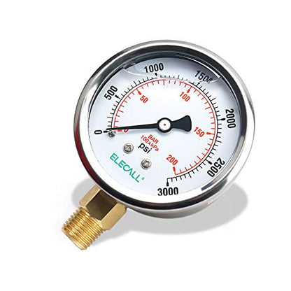2-1/2” Glycerin Liquid Filled Air Pressure Gauge, 0-3000Psi, 1/4”NPT Lower Mount, Stainless Steel Case, Brass Internals, Water Pressure Gauge - size: 0-3000 Psi