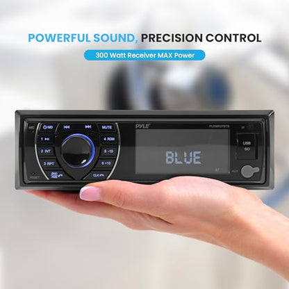 Pyle Bluetooth Marine Receiver Stereo - 12v Single DIN Style Boat In dash Radio Receiver System with Digital LCD, RCA, MP3, USB, SD, AM FM Radio - Remote Control, Wiring Harness - PLRMR27BTB (Black) - size: 300w