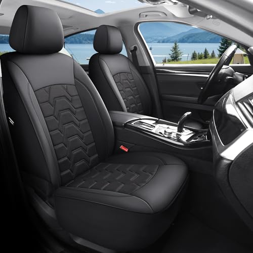 Memory Foam Leather Car Seat Covers, Breathable Air Cool Mesh Front Seat Protectors, Airbag Compatible Automative Comfortable Accessories, Universal Fit for Most Cars SUVs Trucks, Black, 4pcs.