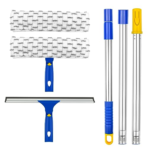 Window Squeegee Cleaner Tool,Window Cleaning Kit with Extension Pole,12" Squeegee and 11" Microfiber Scrubber Combi,Window Washing Equipment for Car, Indoor,Outdoor, High Windows-2 Pads - color: Blue, size: 12" Squeegee