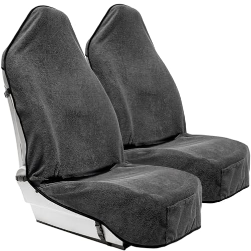 Season Guard Terry Cloth Sweat Towel Seat Cover; Carseat Towel Protector; Great for Gym Workout; Waterproof; Universal Fit for Car SUV Van Truck; EZ fit; Non Slip Grip; Machine Washable; 2pc Grey - color: 2pcs Front Grey