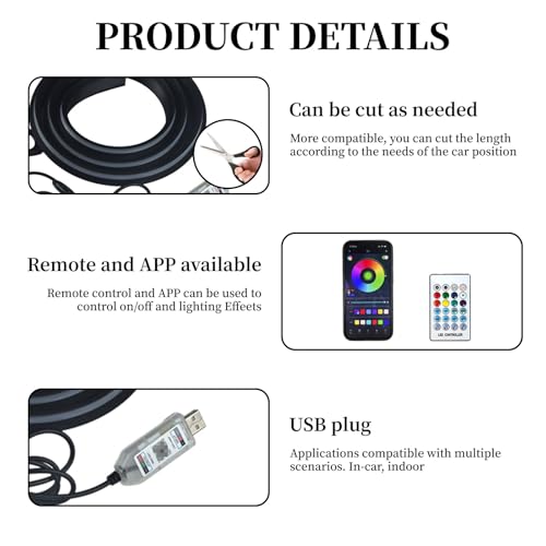Car Dashboard LED Interior Strip Light,55''USB Powered Acrylic Neon Flexible Strip Fiber Optic LED Ambent Lighting Kits with Remote APP and Type-C Adapter(1 in 1)