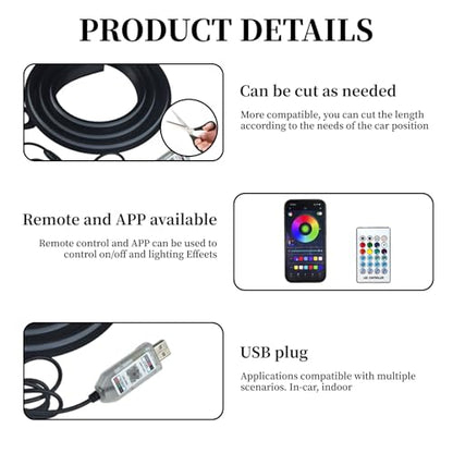 Car Dashboard LED Interior Strip Light,55''USB Powered Acrylic Neon Flexible Strip Fiber Optic LED Ambent Lighting Kits with Remote APP and Type-C Adapter(1 in 1)