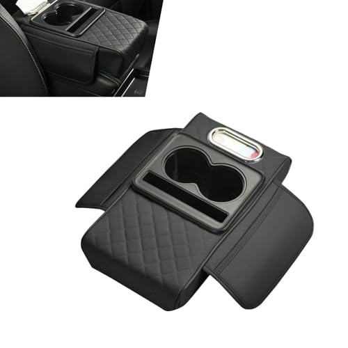 Car Center Console Cover Organizer, Armrest Box Height Increase Cover with 2 Cup Holders & 1 Tissue Bag, Leather Highly Elastic Armrest Box Protector, for Most Vehicles (Black)