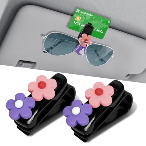 2PCS Flowers Car Sun Visor Sunglass Holder, Visor Sunglasses Clip, Multifunctional Sunglasses Holder and Ticket Card Clip, Car Sunglass Organizer for Different Size Glasses (Purple/Pink) - color: Purple/Pink