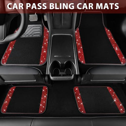 CAR PASS Bling Diamond Car Floor Mats, Shining Rhinestone Carpet Sparkly Glitter Crystal with Anti-Slip PVC Heel Pad Waterproof Universal Fit Automotive SUV,Sedan,Van,Cute Girl Women,4pcs Black Red - color: Red Diamond