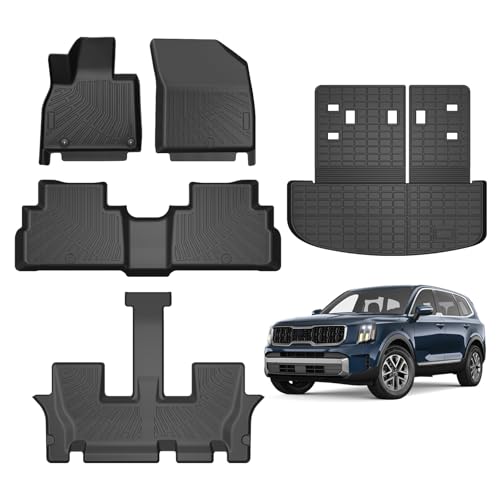 Telluride Floor Mats - Fit for Kia Telluride 2020-2025 (7&8 Seats), All Weather Floor Mat & Cargo Liner w/Baclkrest for Telluride Accessories, Heavy Duty Waterproof - size: 3)Kia Telluride【20-25】Full set