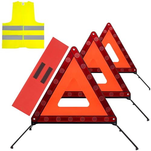AYKRM 3PACK Car Warning Triangle Heavy Reflective Warning Road Safety Triangle Kit Suitable for car Breakdown and Temporary Parking on the Road. - color: Red-S-3
